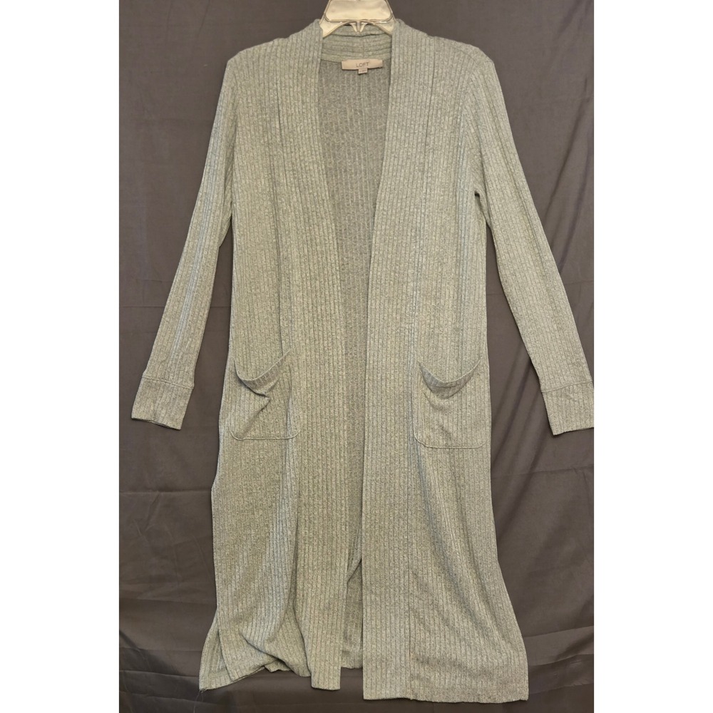 LOFT Ribbed Pocket Duster Cardigan Sweater Womens Size Small Light Green